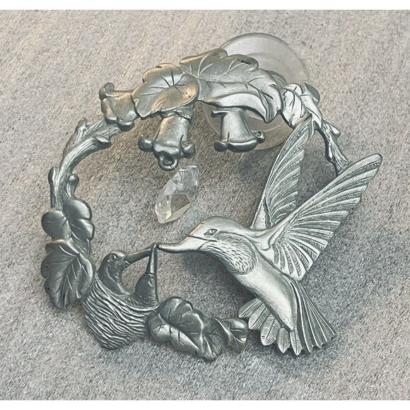 Pewter Hummingbird Window Decor Ornament W Nest Vine Flower Crystal Accent - Picture 2 of 5